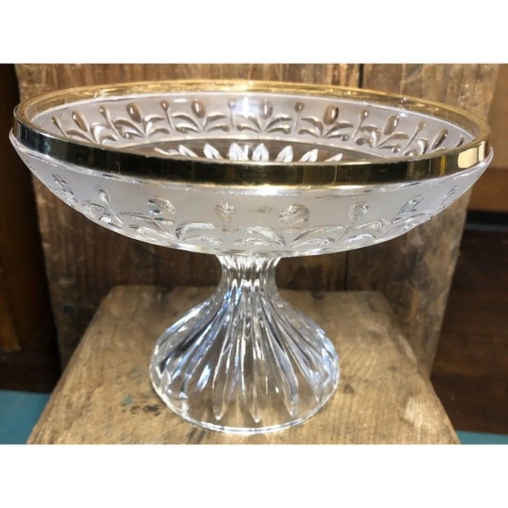 Pedestal‎ Bowl Etched Lead Glass Gilded Rim West Germany Enesco STUNNING